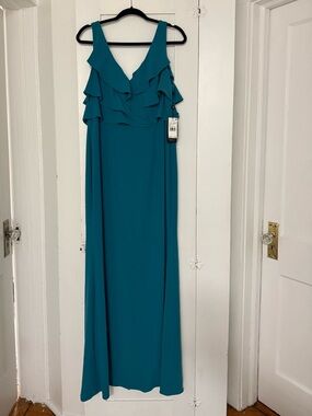 Adrianna Papell Teal Ruffle V-Neck Maxi Dress